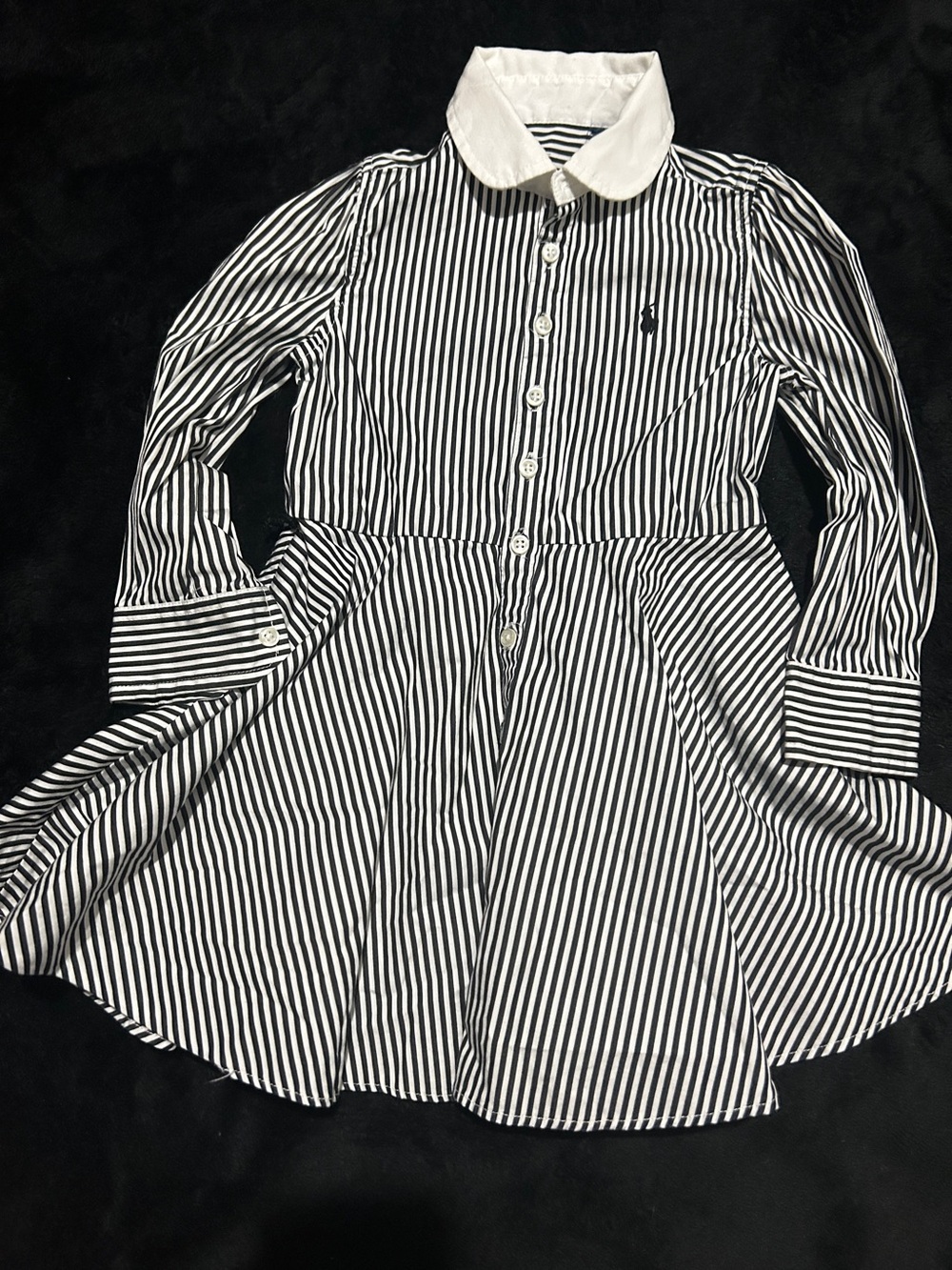 Ralph Lauren Girls Black & White Striped Button-Front Dress with White Collar